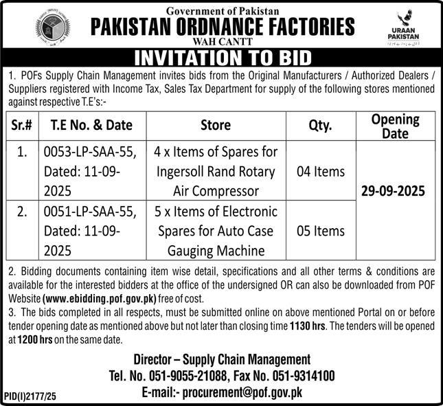 Pakistan Ordnance Factories Wah Cantt Tender Notice
